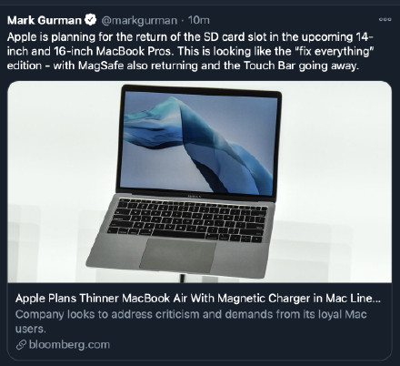 不止MagSafe接口：曝苹果全新MacBook Pro SD卡槽回归