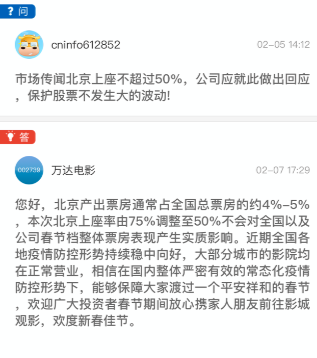 万达电影回应：北京影院50%上座率对春节档票房表现无实质影响