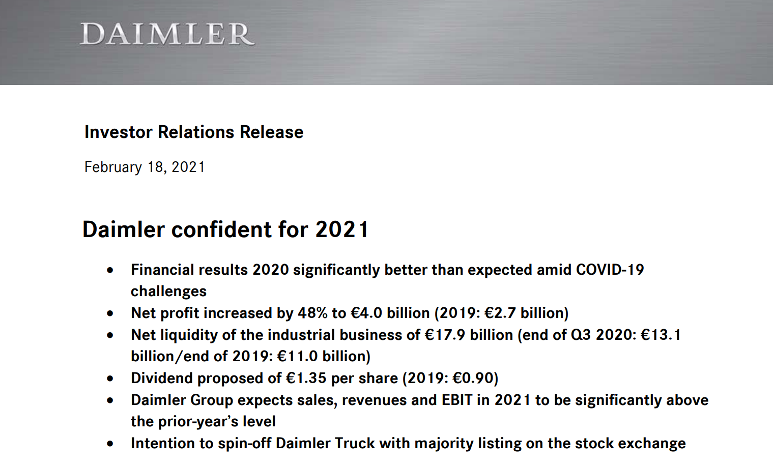 戴姆勒预期芯片短缺不会影响今年产量 料2021年业绩明显提升