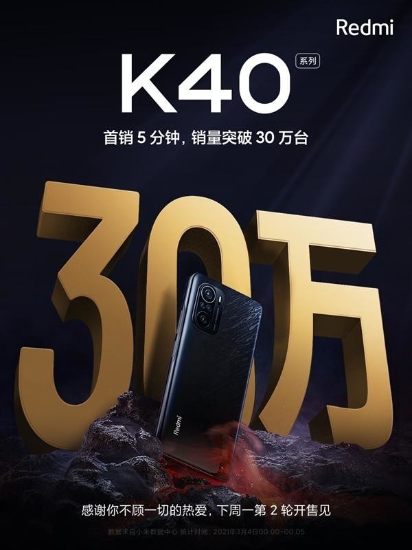 太受欢迎！Redmi K40系列首销5分钟就售出30万台