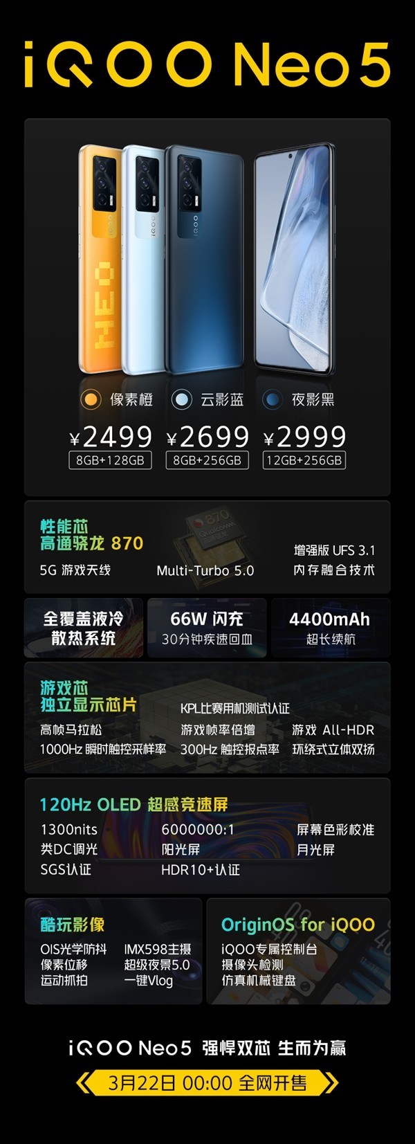 一图看懂iQOO Neo5 双芯加持2499元起 22日0点开售