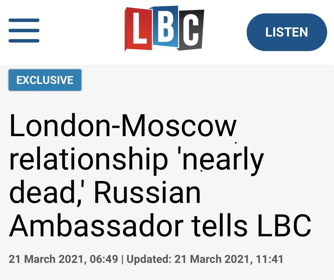 俄罗斯驻英大使：俄英关系“几近死亡”，呼吁重建经济伙伴关系