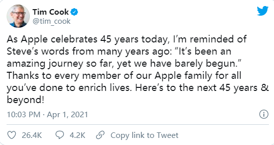 库克发文纪念苹果成立45周年：伟大使命还有待实现