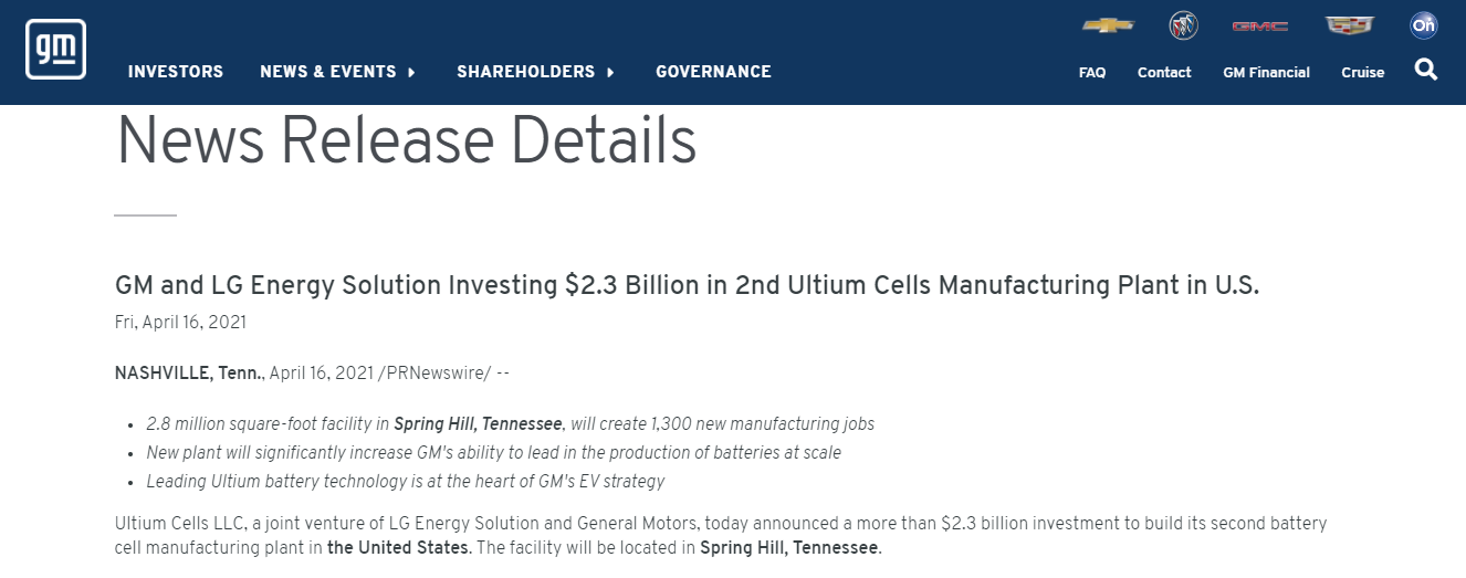 为“电池荒”未雨绸缪 通用、LG斥资23亿美元建设第二座美国电池工厂