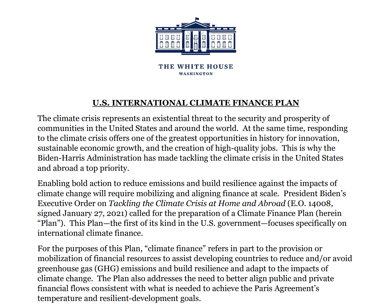 白宫发布国际气候融资计划：终止碳密集化石燃料官方融资 建立强大可投资项目管道