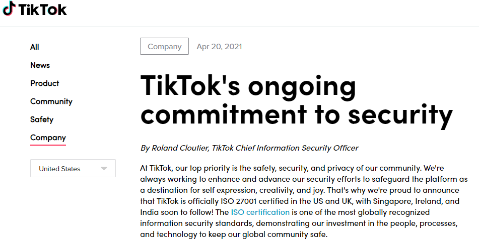 TikTok在英美获ISO 27001信息安全标准认证 为全球认可度最高标准之一