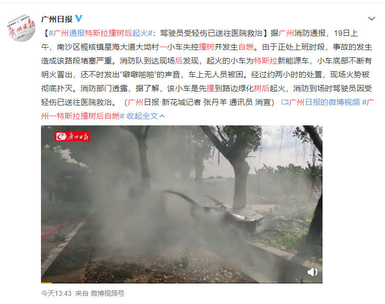 广州一特斯拉撞树后起火自燃 烧得只剩个壳儿了