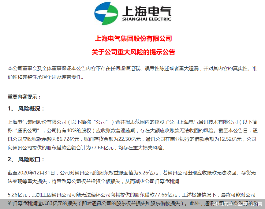 黑天鹅！上海电气子公司41.27亿应收账款逾期 上交所火速发函