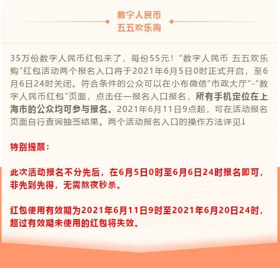 抽红包啦！上海要发35万份数字人民币红包 每份55元 6月5日零点就能报名！