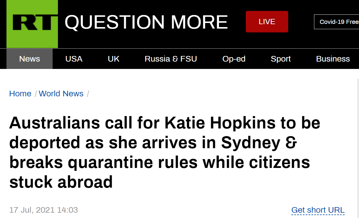 英媒体人自曝故意不遵守澳防疫规定惹怒澳大利亚人，澳议员呼吁驱逐她，莫里森也一块被批……