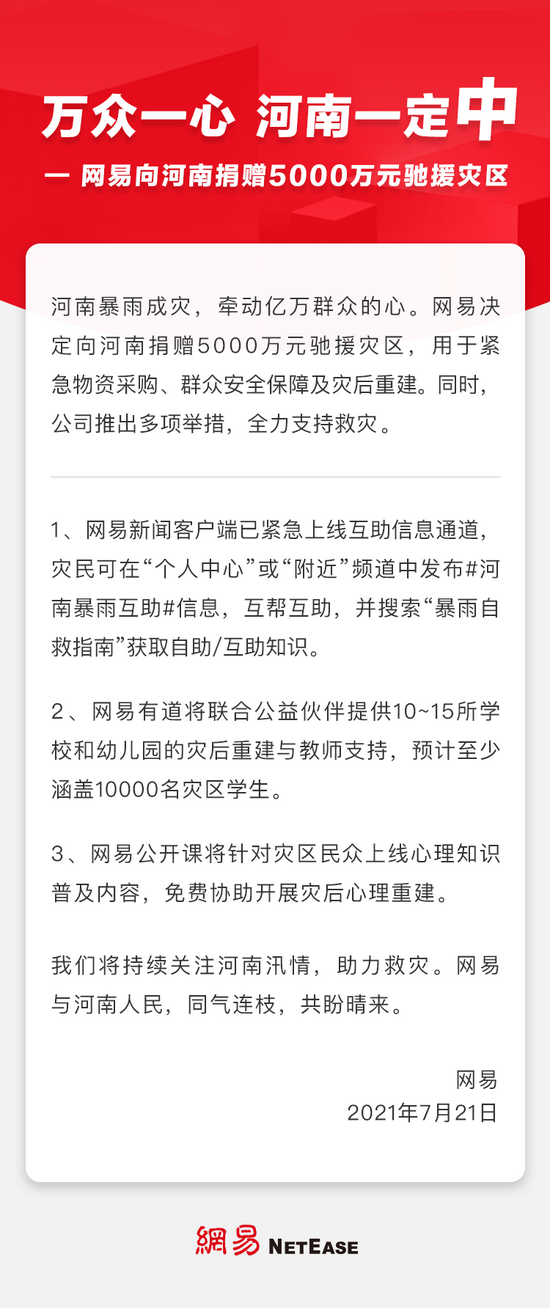 网易宣布向河南捐赠5000万元