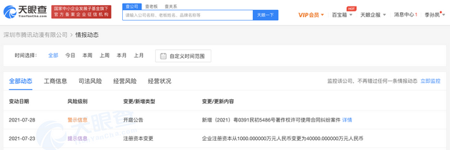 工商变更：深圳市腾讯动漫有限公司注册资本增至4亿