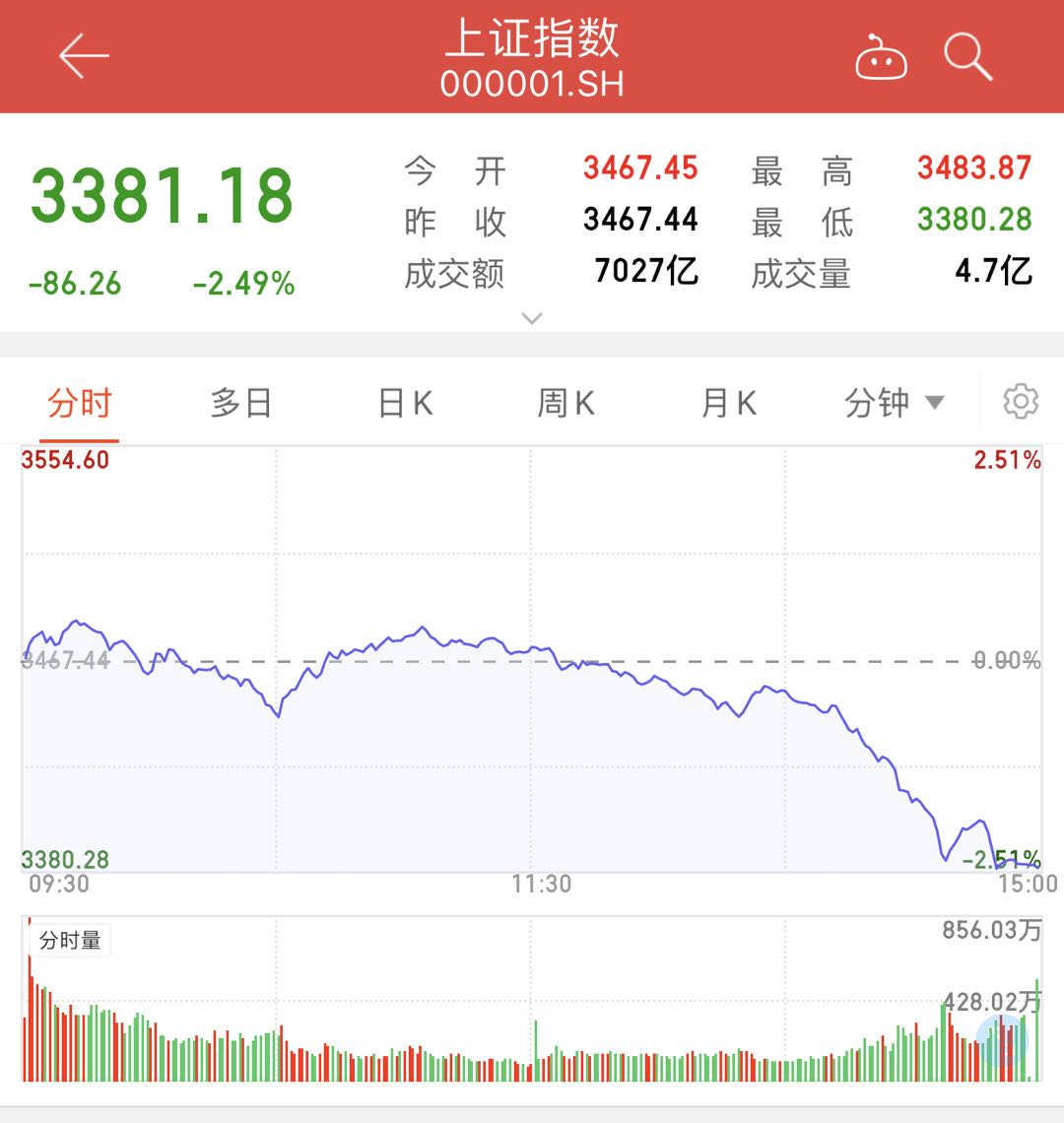 沪指收跌2.49%失守3400点，两市3350股飘绿