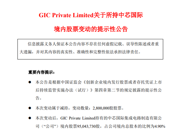 中芯国际：GIC Private Limited减持公司0.14%股票