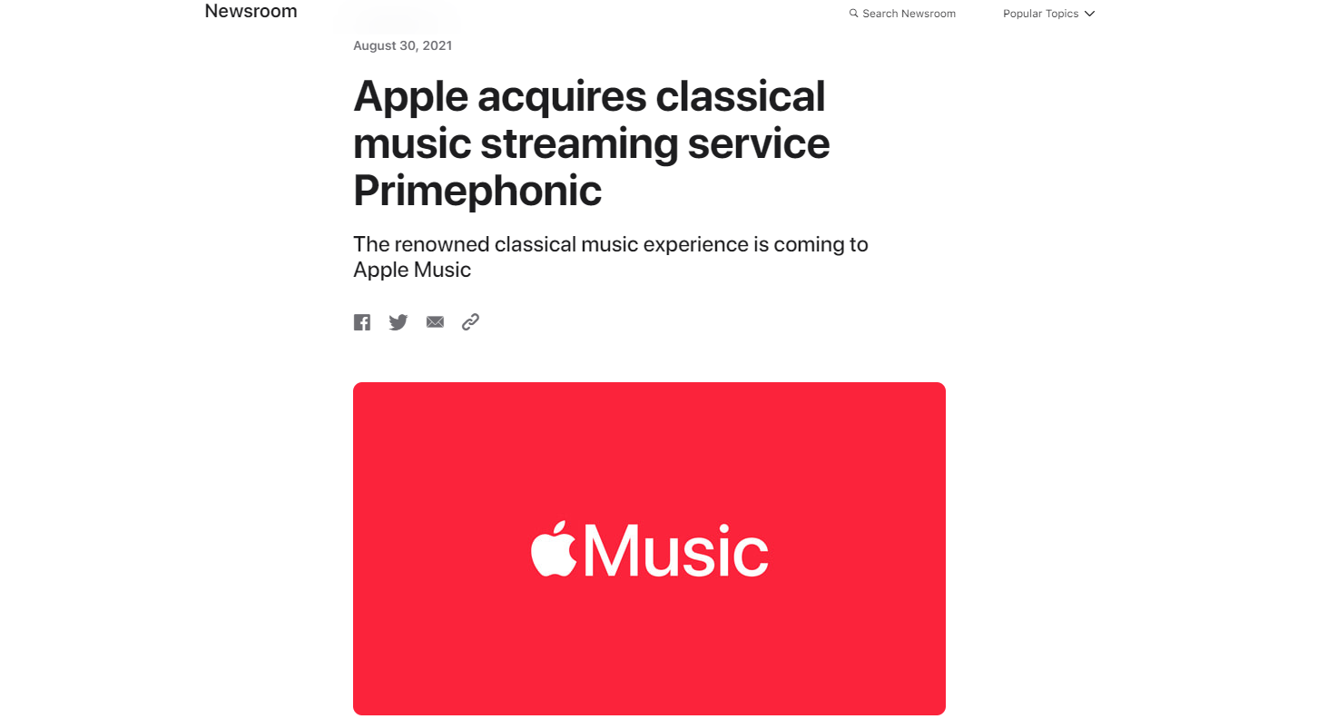 苹果收购古典乐流媒体平台Primephonic 扩充曲库至7500万首