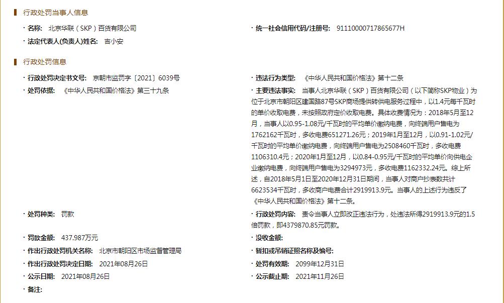 违规多收商家电费，北京SKP被罚438万元！