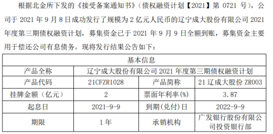辽宁成大发行2亿债权融资计划票面利率3.87%