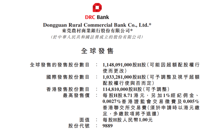 东莞农商行或将于9月29日登陆港交所，发行价在每股7.92至8.71港元之间，持股5%以上股东仅一位