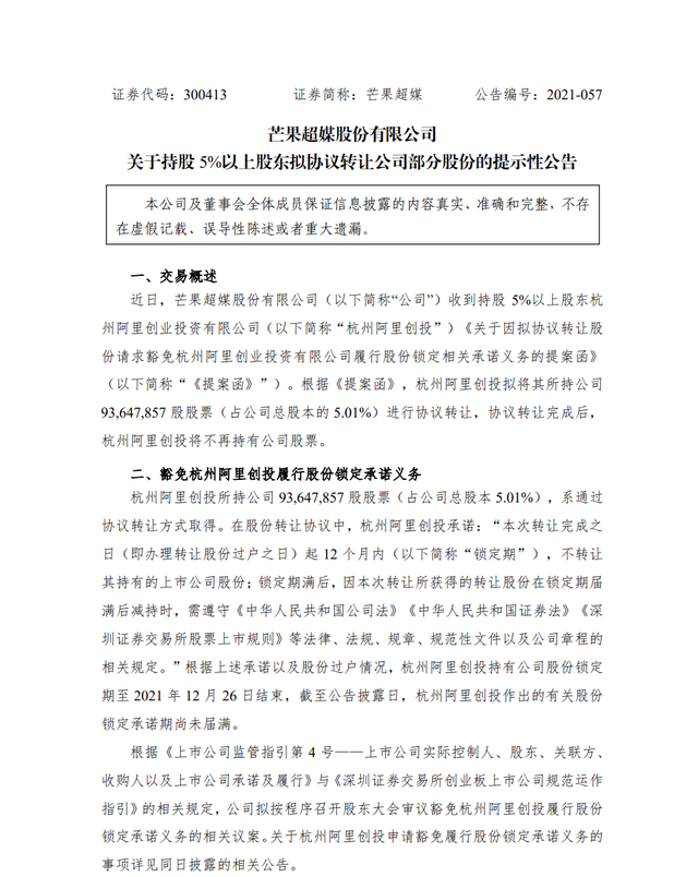 芒果超媒：杭州阿里创投拟协议转让所持5.01%股份 