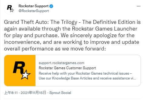 《GTA：三部曲》重制版PC版恢复上架 R星发推：深感歉意