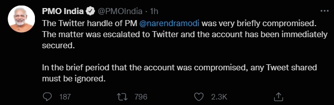 突发！印度总理办公室：有7300万粉丝的莫迪个人推特账号暂时被盗
