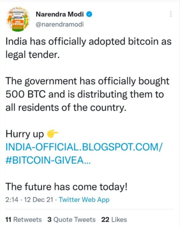 7300万粉丝懵了！印度总理莫迪推特宣布“比特币为法定货币”？结果是账号被盗！已不是第一次