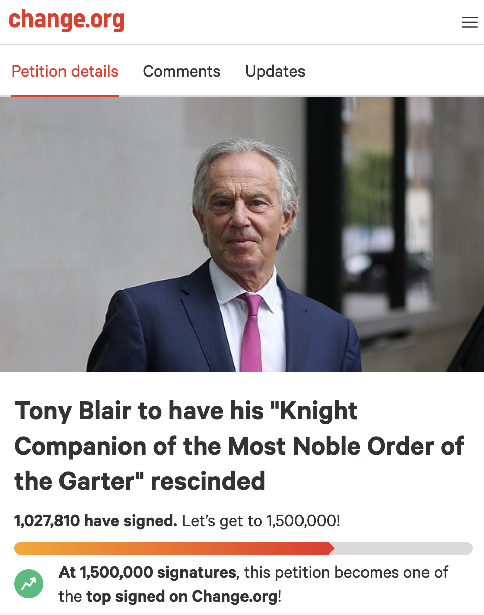 “剥夺前首相布莱尔爵位”在英国持续发酵，请愿者已达100万！