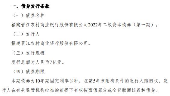 福建晋江农商银行拟发行2022年二级债 募集资金7亿元