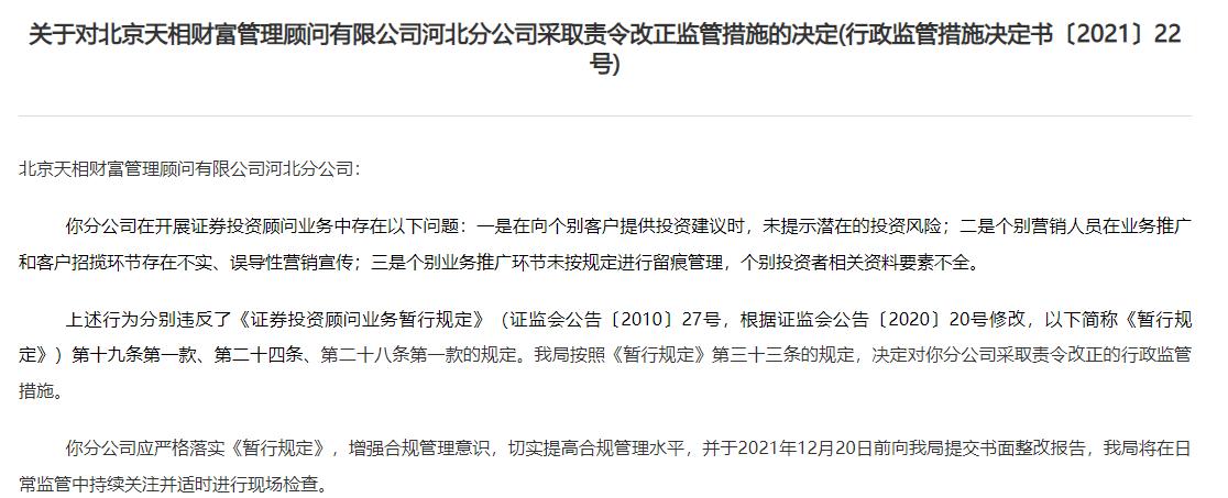 北京天相财富管理顾问有限公司河北分公司存在多项违规，被河北证监局责令改正