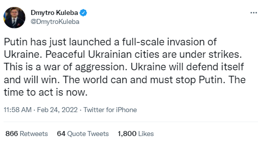 乌克兰外长：普京刚刚发动对乌全面入侵 乌克兰将自卫