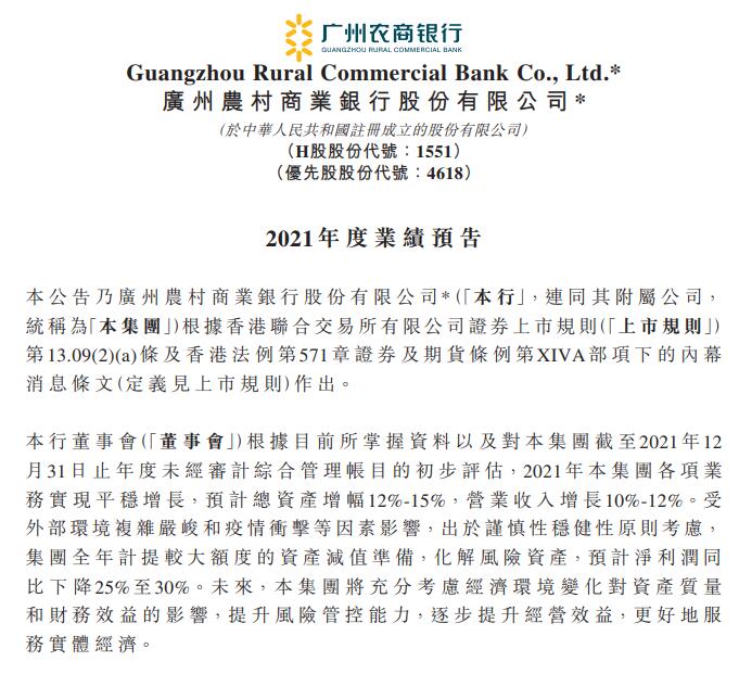 广州农商银行预计去年净利降25%-30% 前年净利下降33%