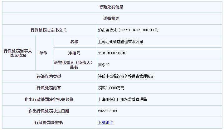 华住集团旗下上海汇玥酒店违法被罚 未经许可提供餐饮