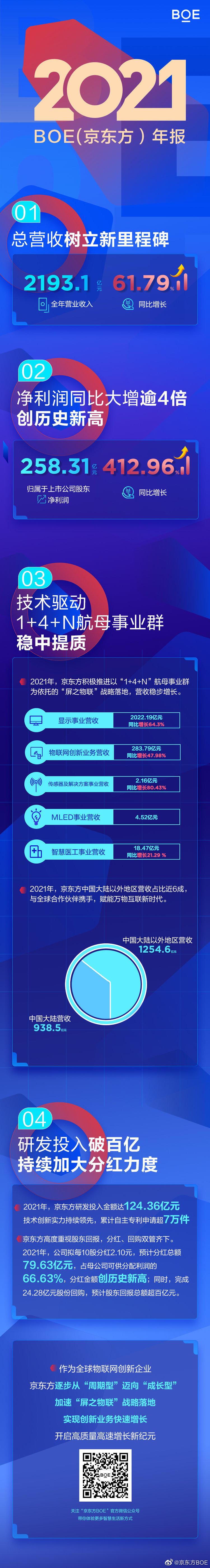 京东方 2021 年营收 2193.10 亿元同比增长 61.79%，净利润同比增长 412.96%