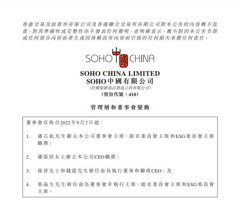 突发！SOHO中国公告：潘石屹、潘张欣双双辞职，将专注艺术和慈善事业！公司股价直线拉升，涨超12%