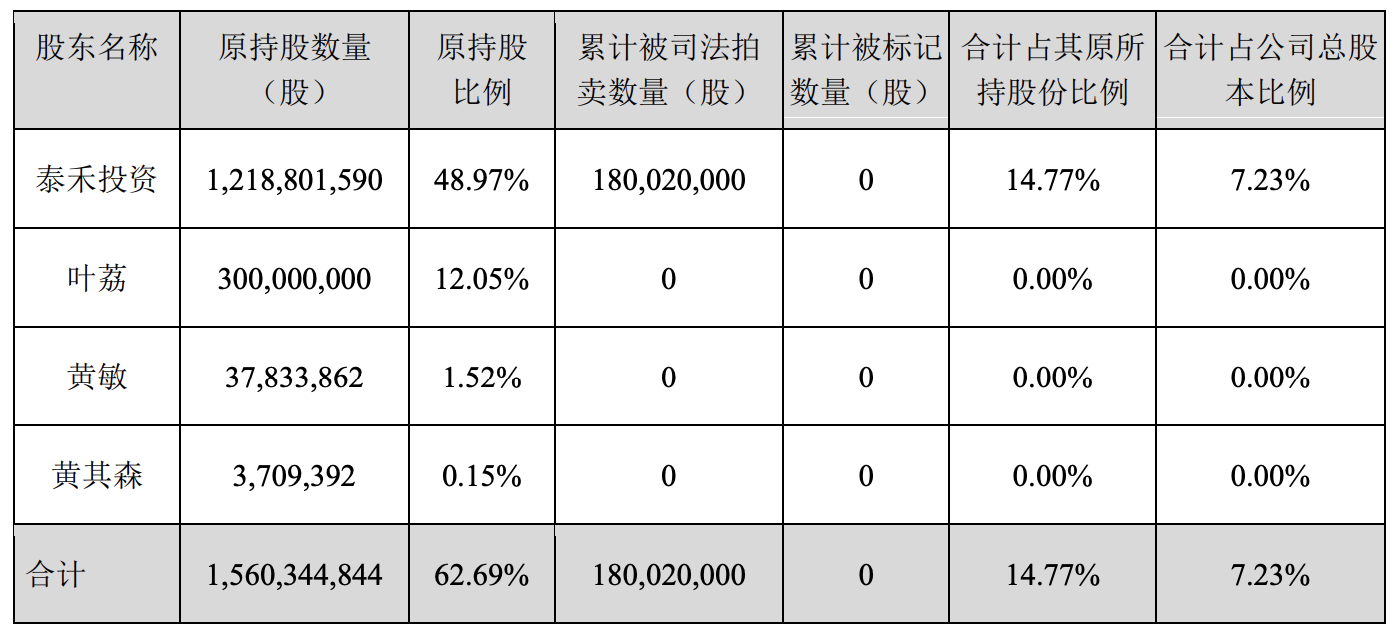 ST泰禾：控股股东所持9198万股被司法拍卖