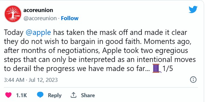苹果(AAPL.US)马里兰州一零售店工会指责苹果恶意谈判