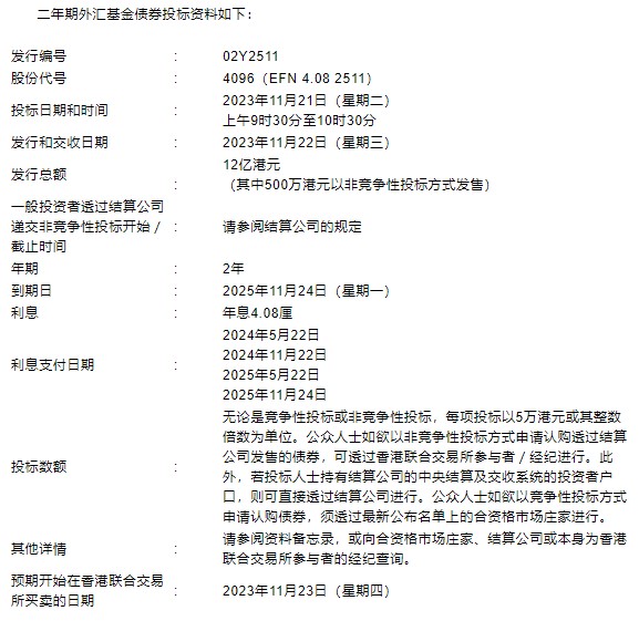 香港金管局：二年期外汇基金债券将于11月21日进行投标