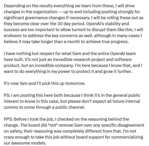 OpenAI临时CEO：拟改革公司管理层 将对Sam Altman的离职展开调查
