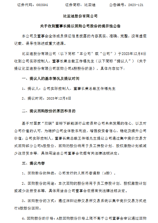 比亚迪：王传福提议以2亿元回购公司股份