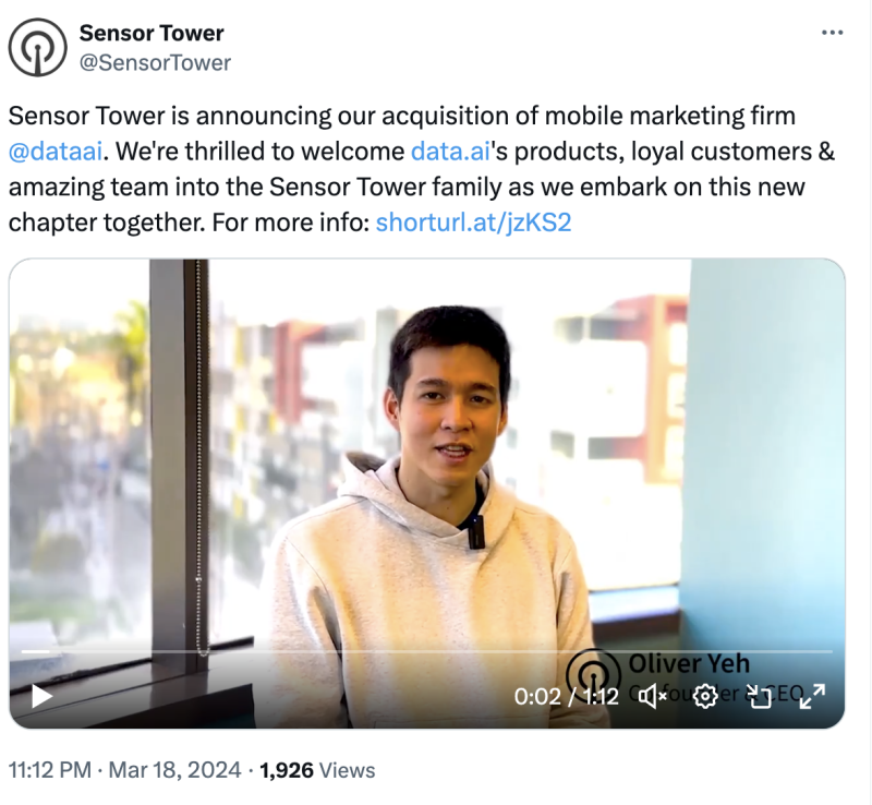 SensorTower收购了竞争对手data.ai，后者将部分裁员